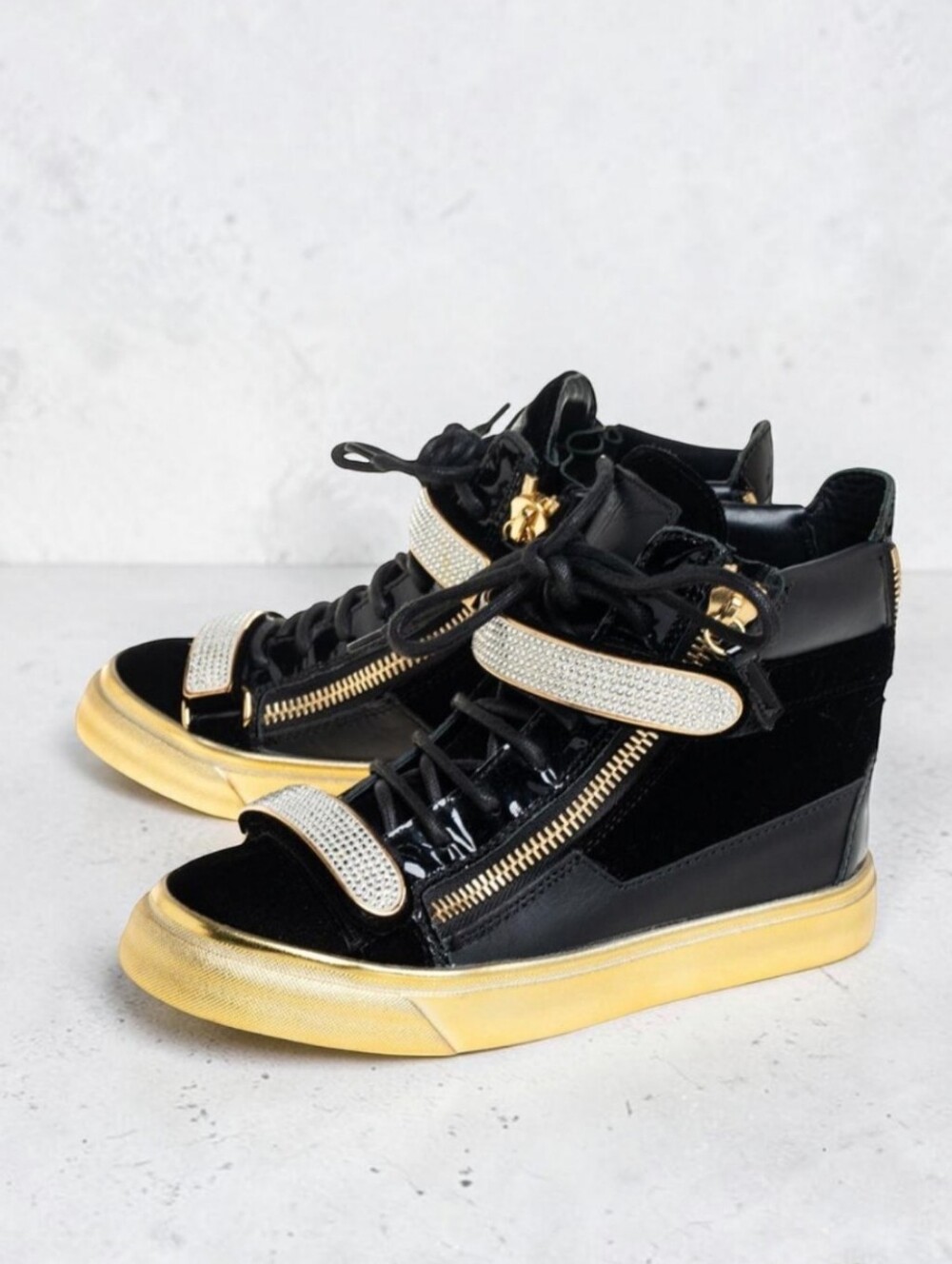 Auth! Giuseppe Zanotti Coby Black Velvet Crystal Strap High Top Sneakers